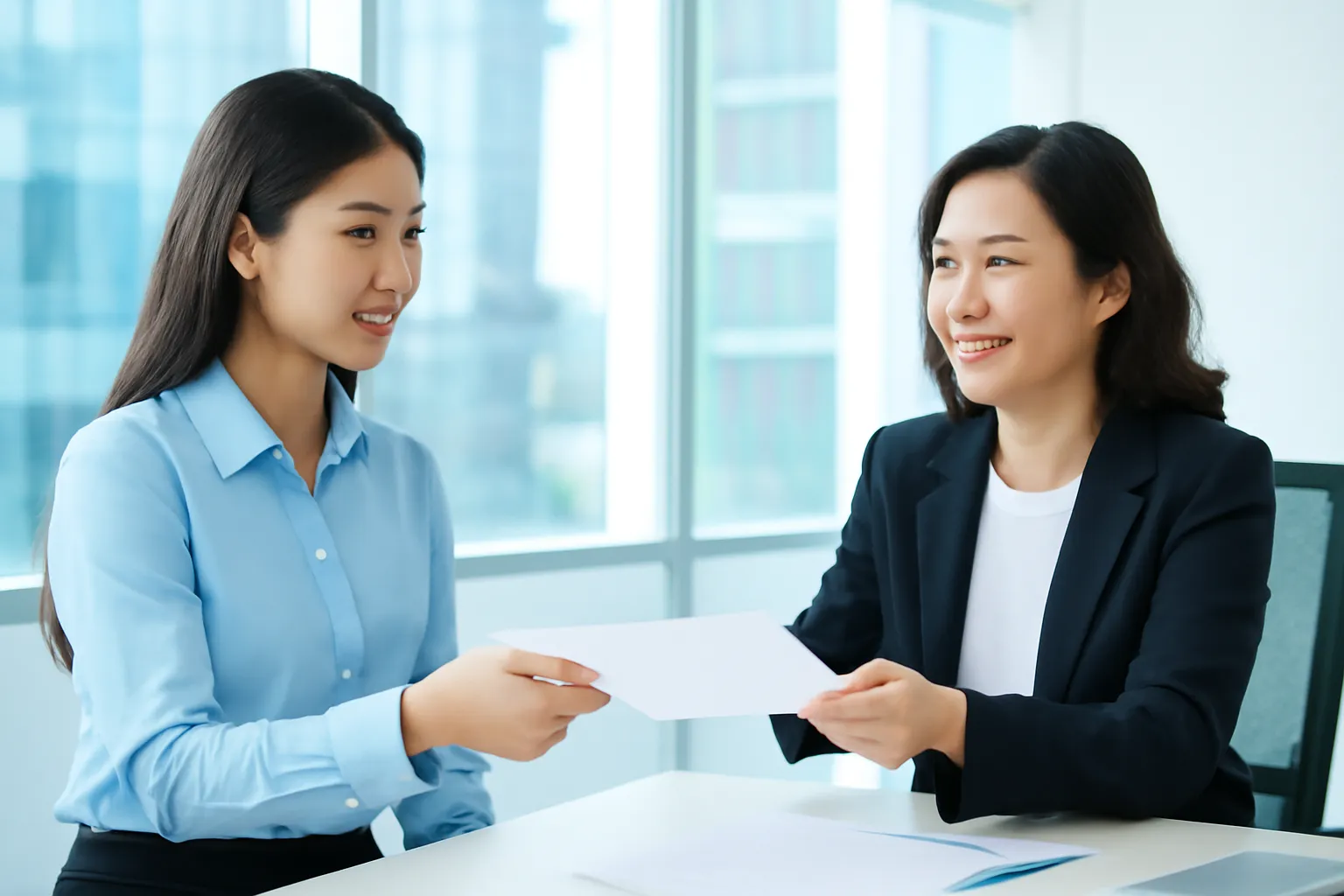 Cô nhân viên trẻ đưa một tờ giấy trắng cho nữ giám đốc trong văn phòng kính sáng