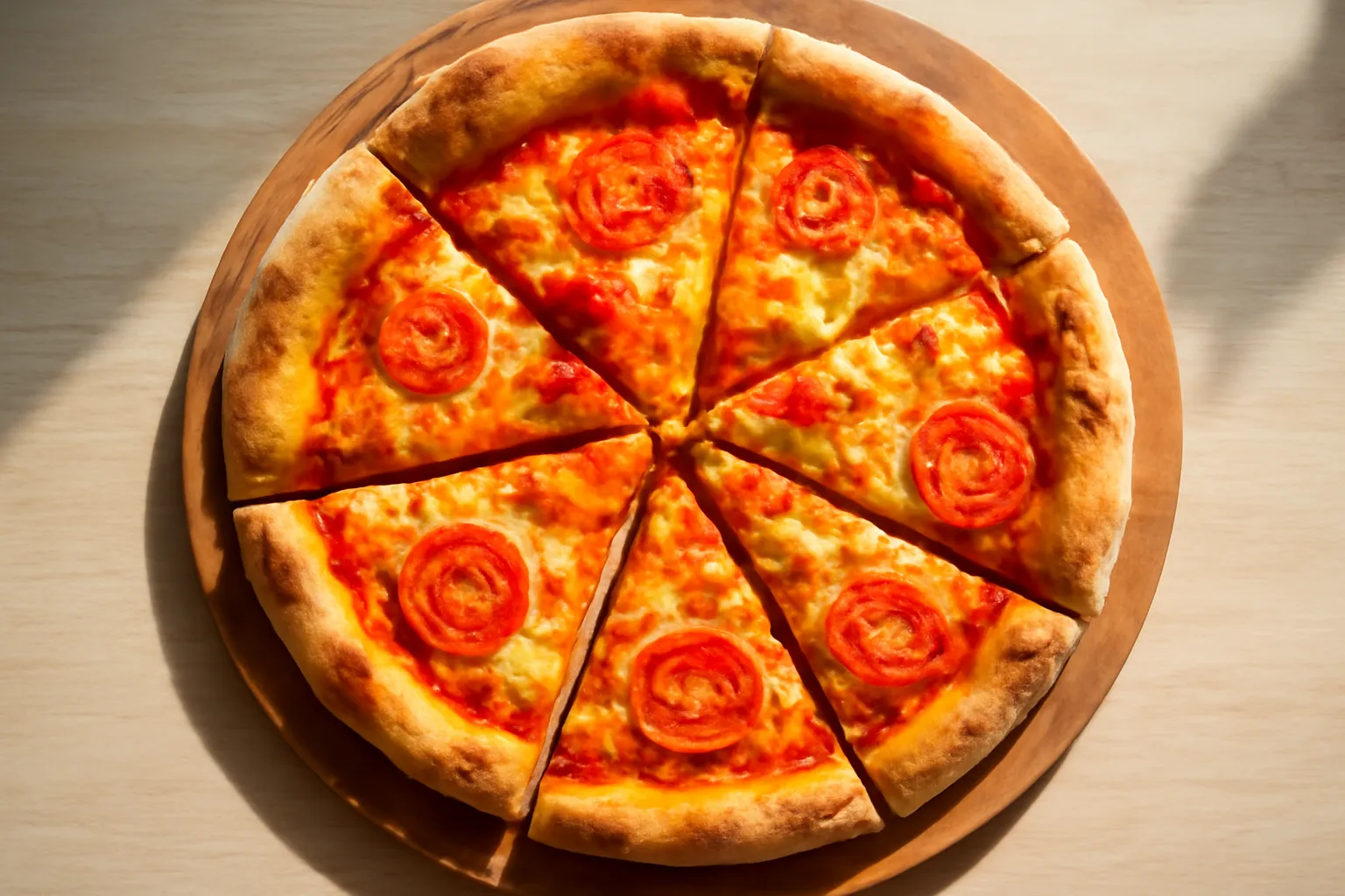 Chiếc bánh pizza cắt miếng to nhỏ không đều trên thớt gỗ
