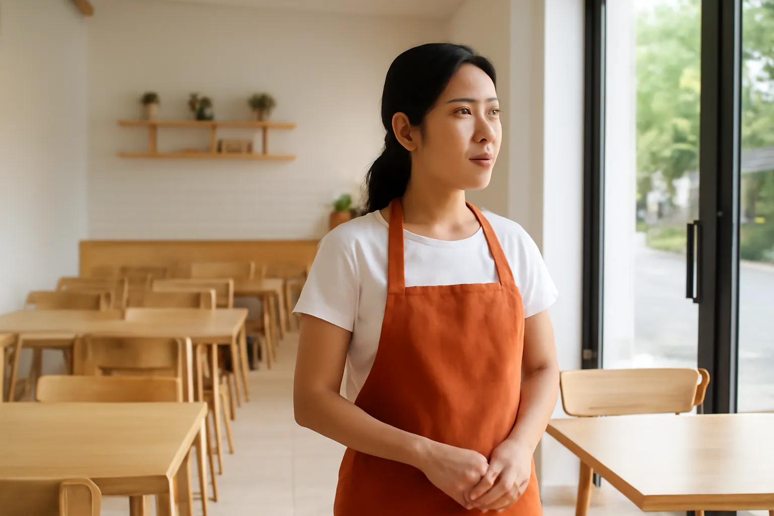 Chị chủ đứng trong quán cà phê mới sửa còn nhiều ghế trống, nhìn ra cửa