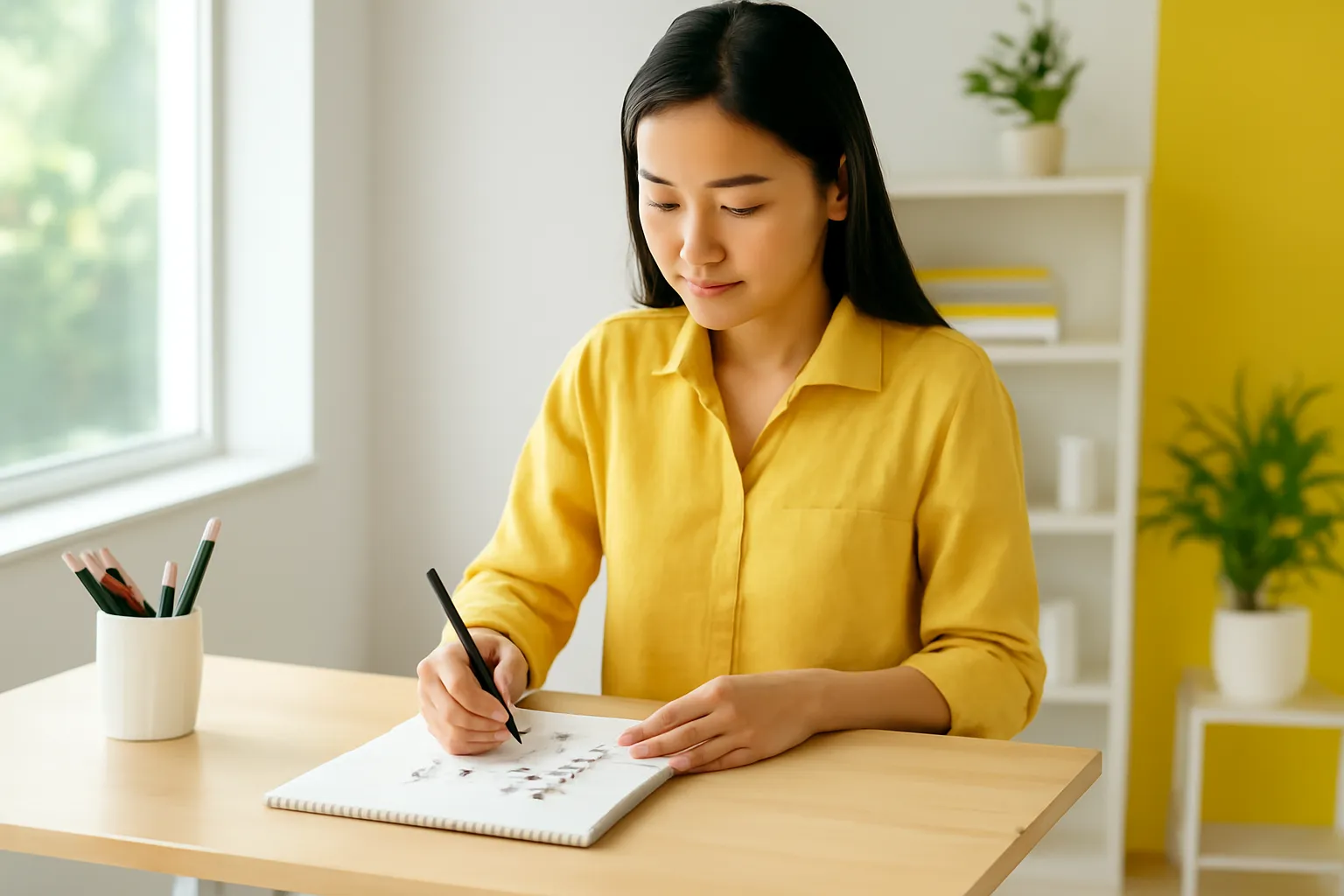 Cô thiết kế trẻ phác các hình khối trên giấy trắng trống ở bàn đứng