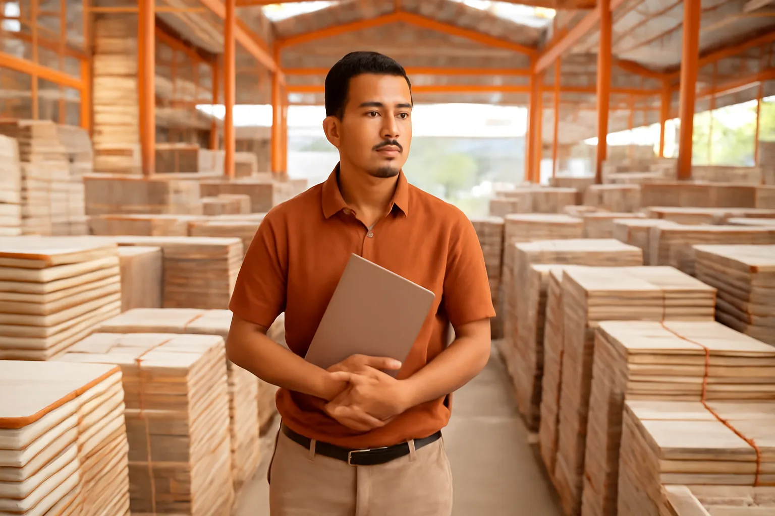 Anh chủ cửa hàng vật liệu xây dựng đứng giữa kho gạch men sáng, tay cầm bìa hồ sơ