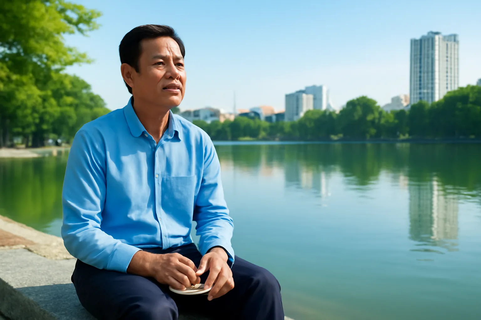 Người đàn ông trung niên ngồi ghế đá ven hồ, sổ tay đóng, nhìn xa suy nghĩ