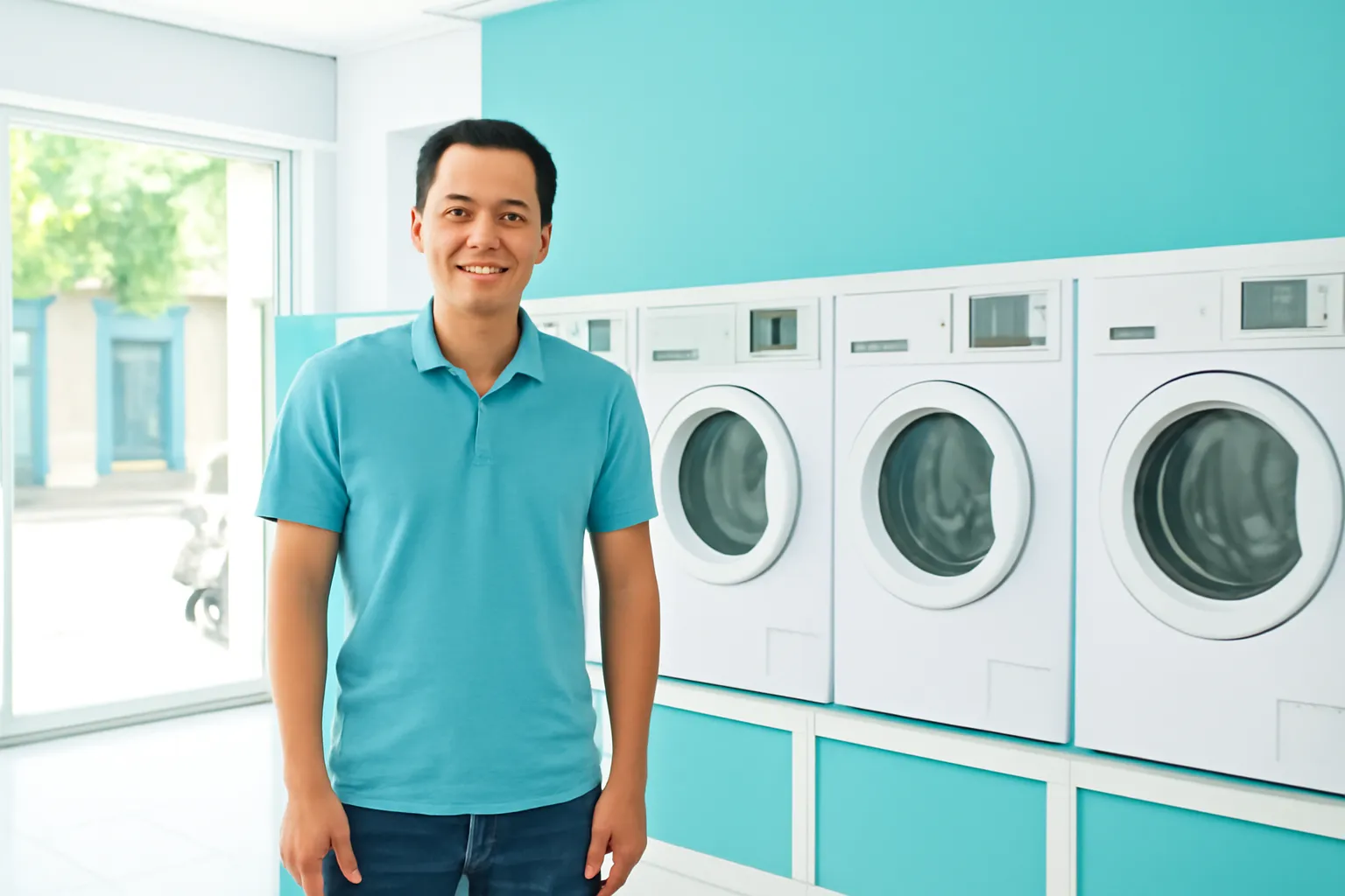 Anh chủ tiệm giặt ủi đứng cạnh dãy máy giặt trắng trong tiệm sáng sủa
