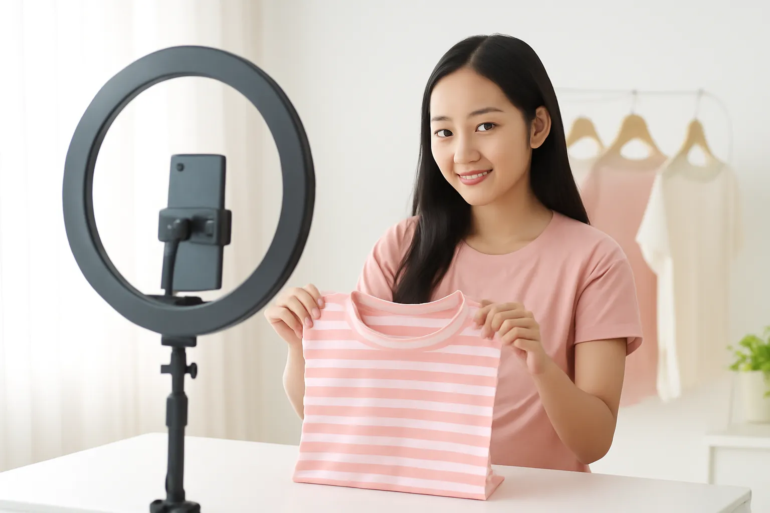 Cô chủ shop quần áo trực tuyến chụp sản phẩm bằng đèn vòng trong phòng trắng