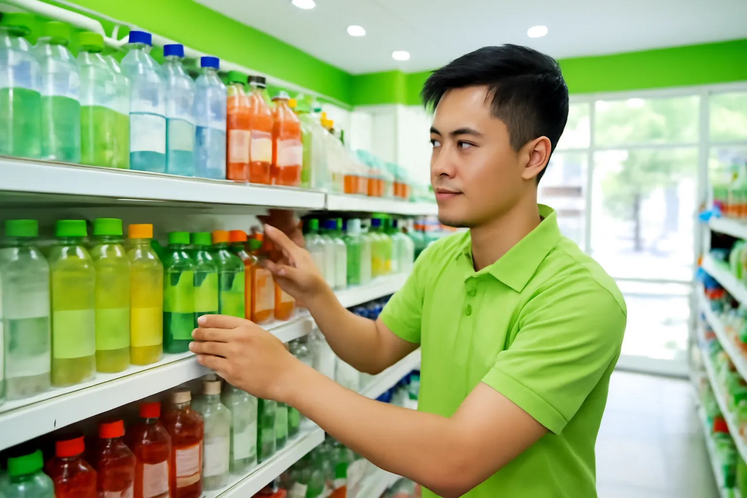 Anh nhân viên xếp chai nước lên kệ siêu thị mini sáng sủa