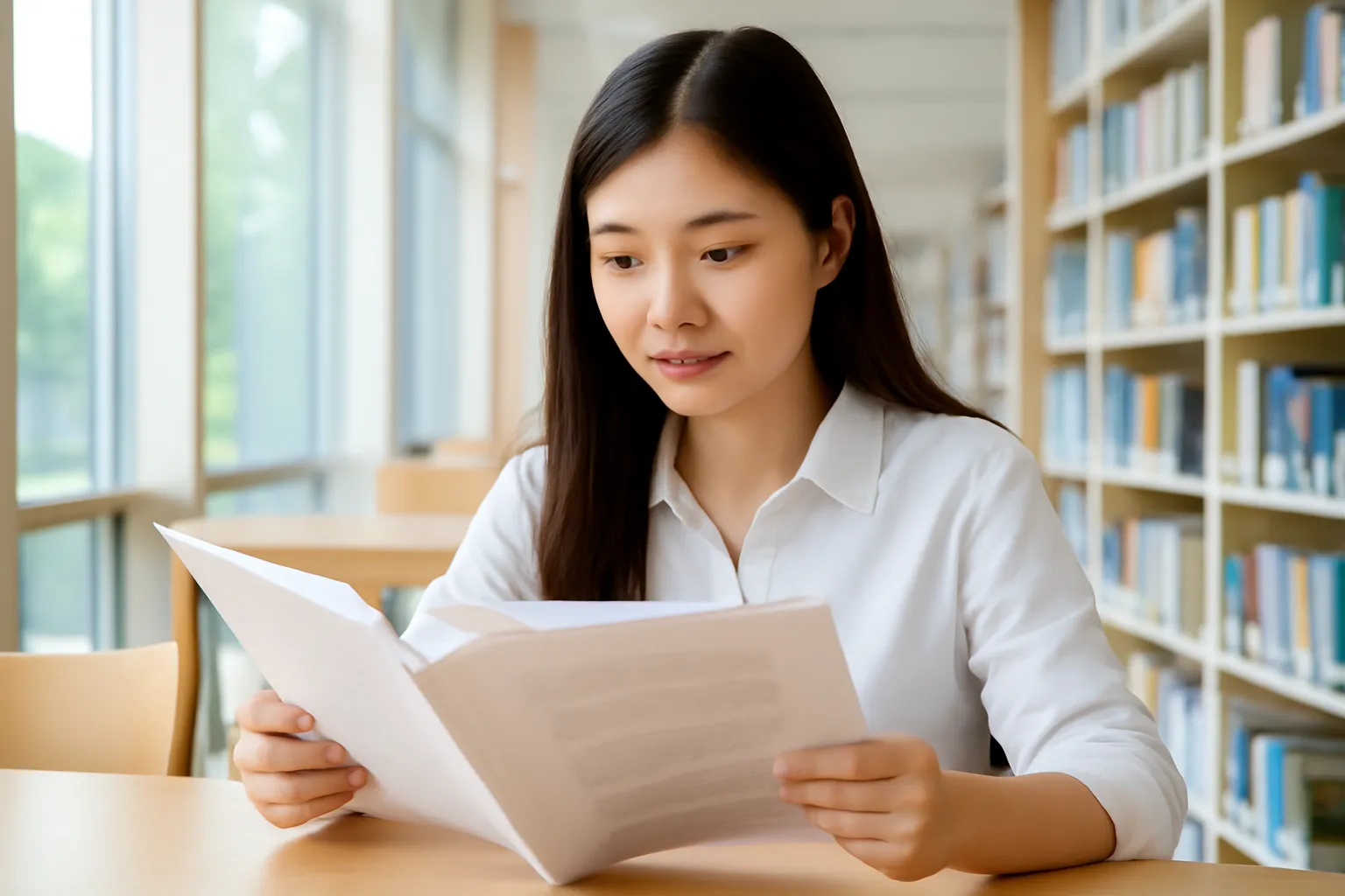 Cô gái trẻ đọc tập tài liệu đóng gáy chữ mờ trong thư viện sáng sủa