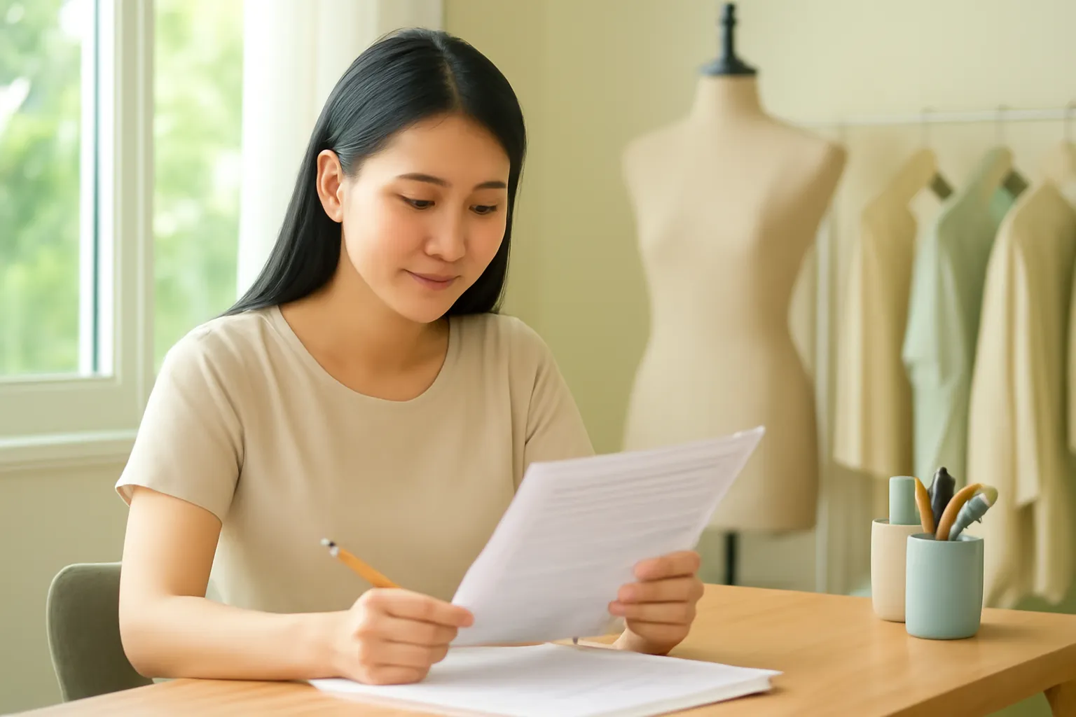 Chị chủ xưởng may ngồi bàn gỗ cạnh cửa sổ xem xấp giấy tờ, tay cầm bút chì