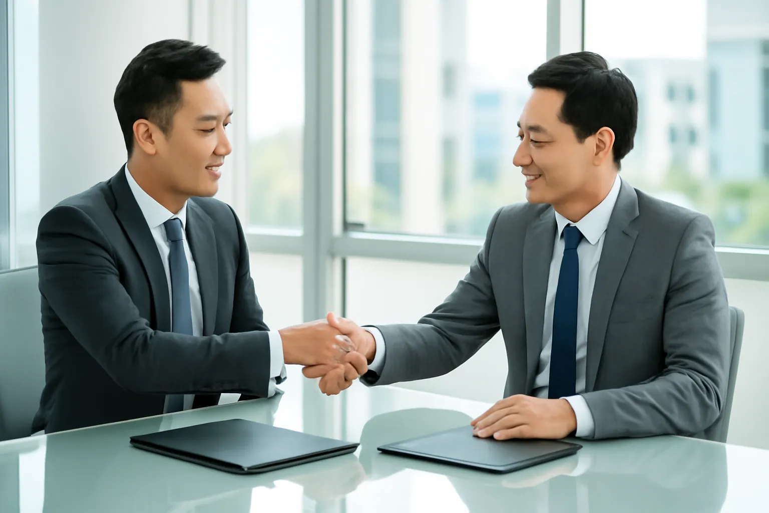 Hai người đàn ông bắt tay qua bàn họp kính trong văn phòng sáng, tập hồ sơ đóng