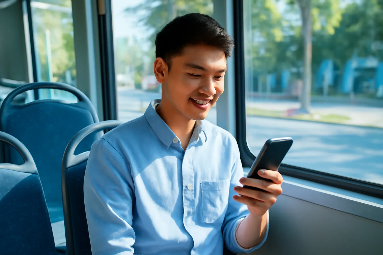 Chàng trai ngồi xe buýt cầm điện thoại quay màn hình đi, ánh nắng qua cửa sổ