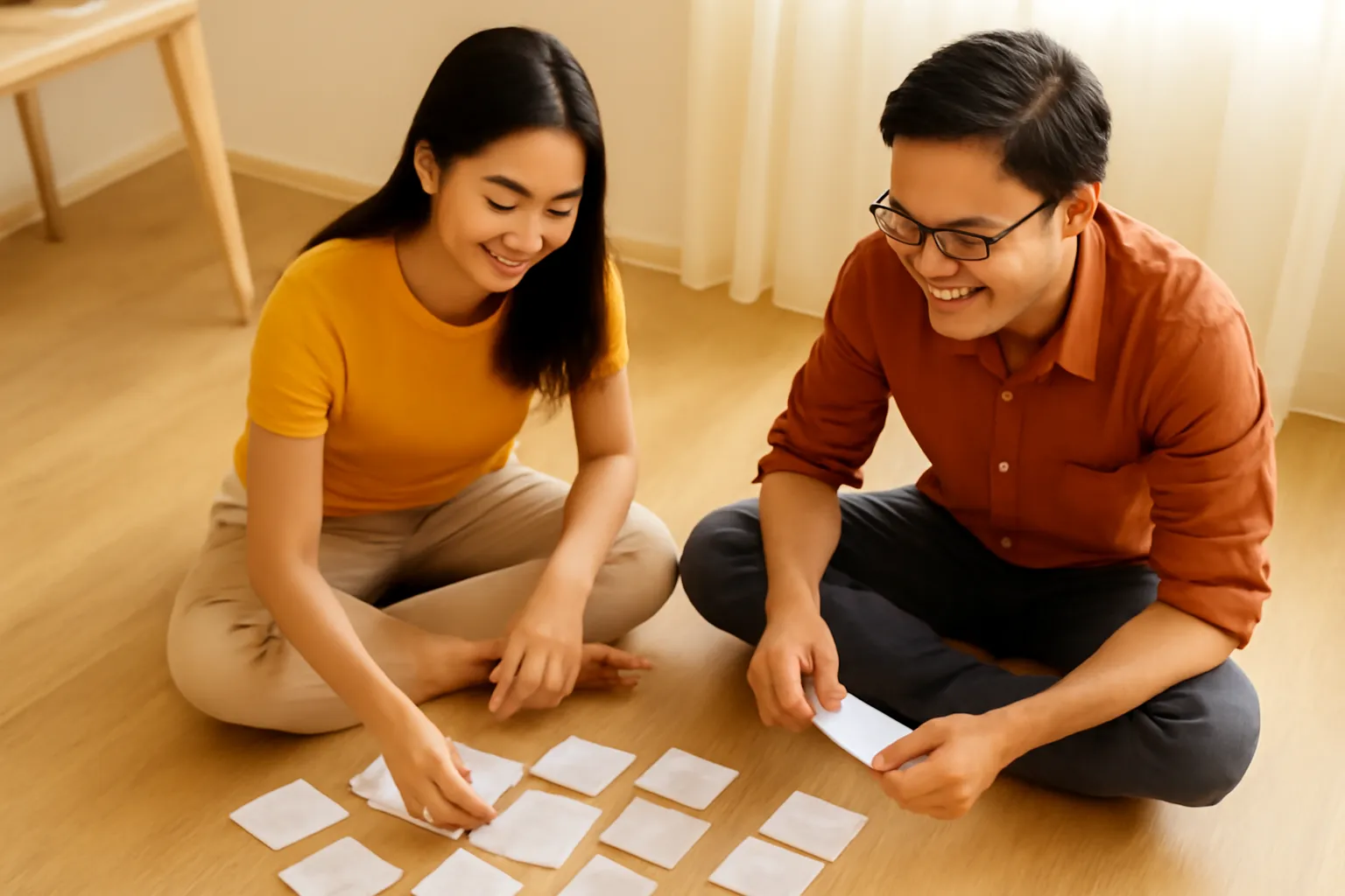 Hai người phân loại tấm thẻ giấy viết tay chữ mờ trên sàn gỗ sáng
