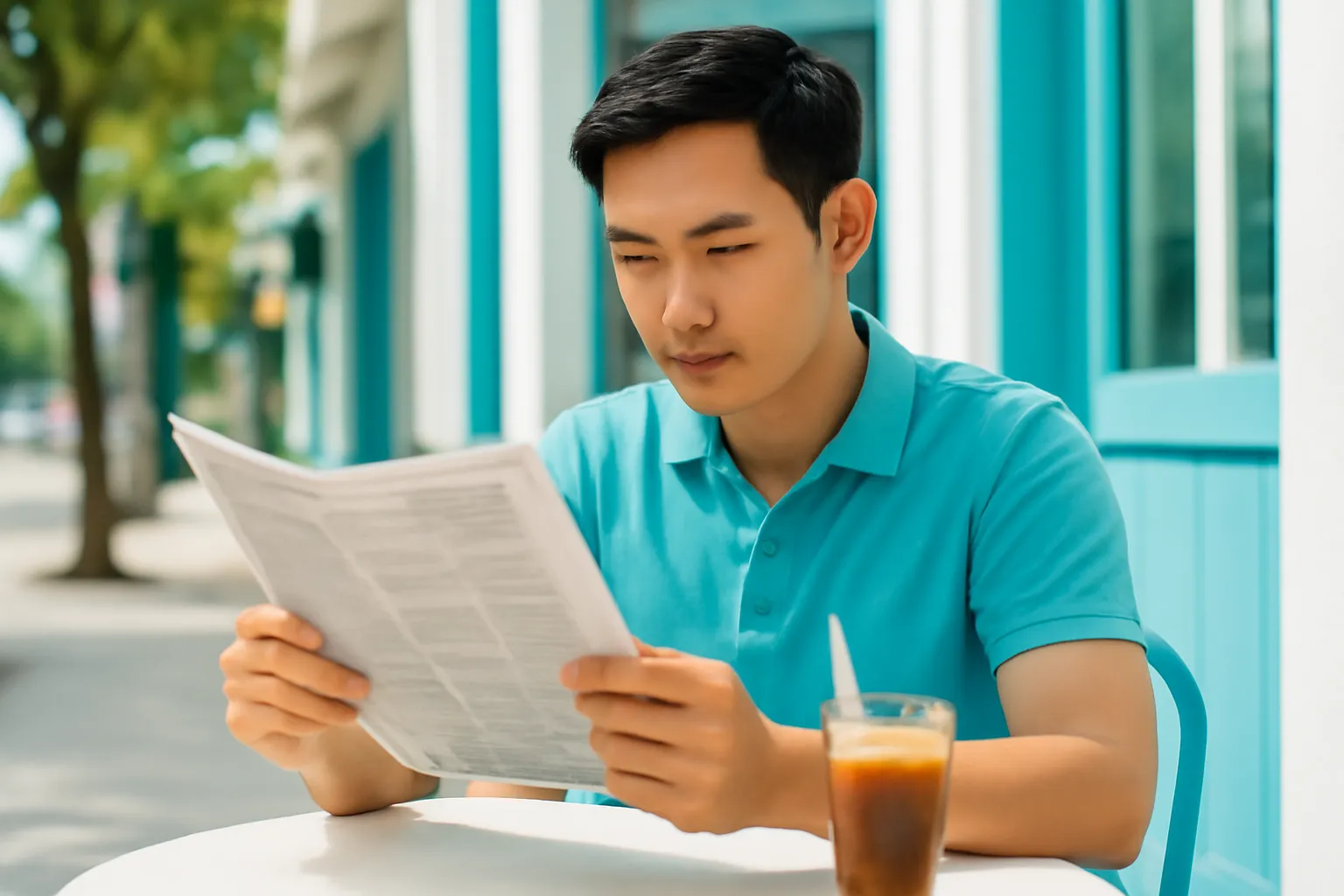 Anh trẻ đọc báo giấy ở bàn cà phê vỉa hè buổi sáng, trang báo chữ mờ