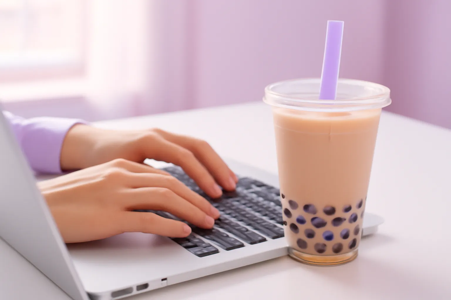Cận tay gõ bàn phím laptop bạc cạnh ly trà sữa trên bàn sáng