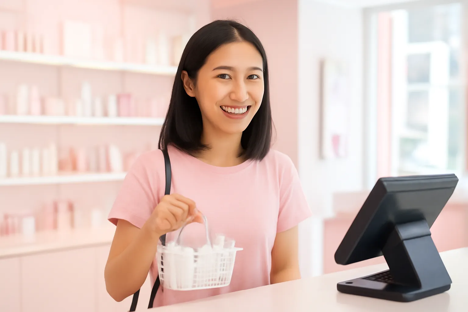 Khách nữ cầm giỏ đồ tại quầy thu ngân cửa hàng mỹ phẩm sáng sủa