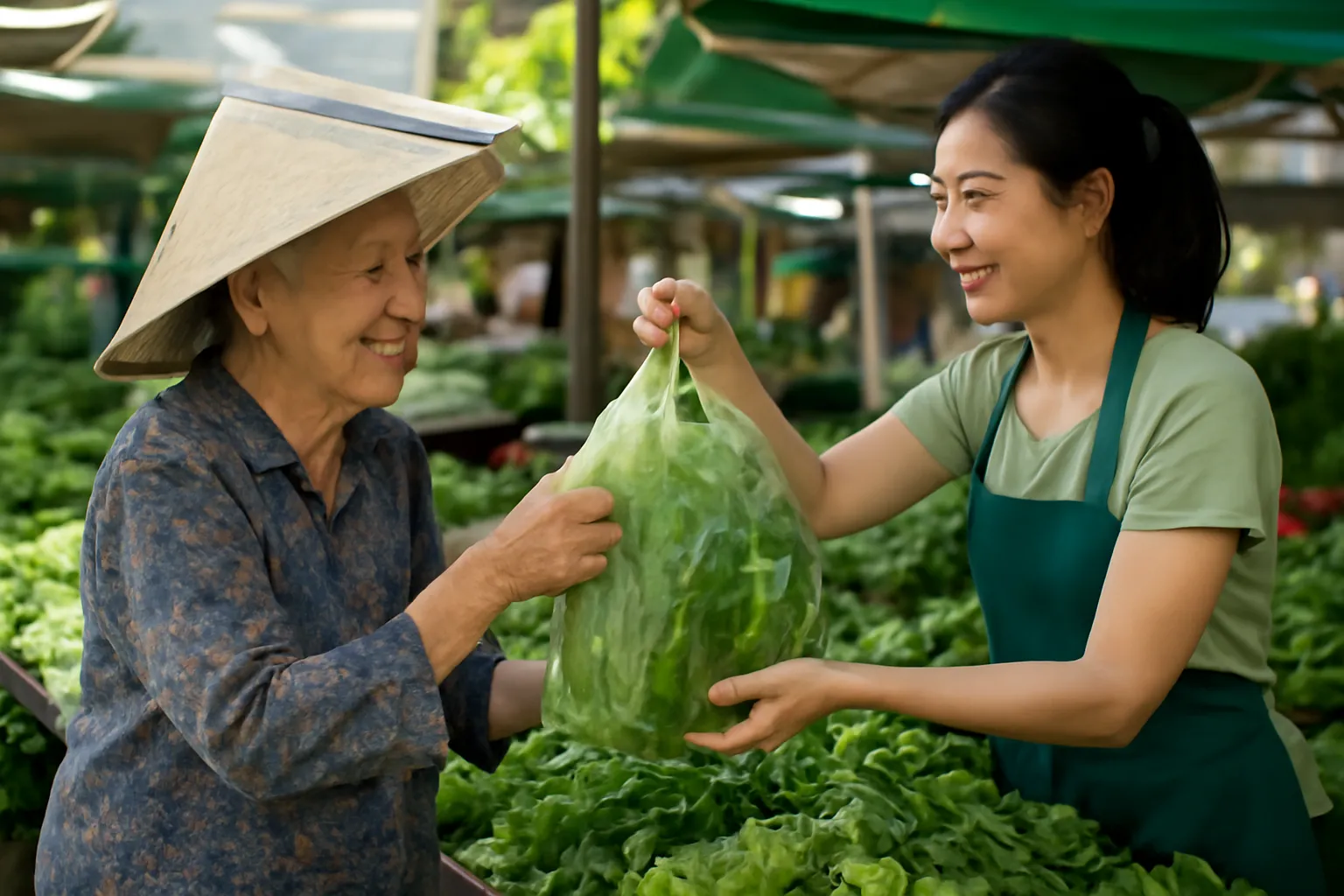 Bà cụ quen mặt nhận túi rau tươi từ cô chủ sạp rau ở chợ buổi sáng