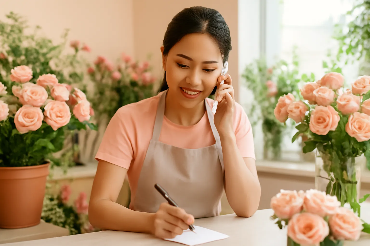 Cô nhân viên nghe điện thoại ghi phiếu ở quầy tiệm hoa tươi