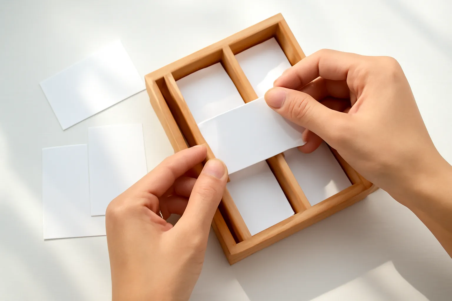 Cận tay xếp danh thiếp trống vào hộp gỗ nhiều ngăn trên bàn sáng