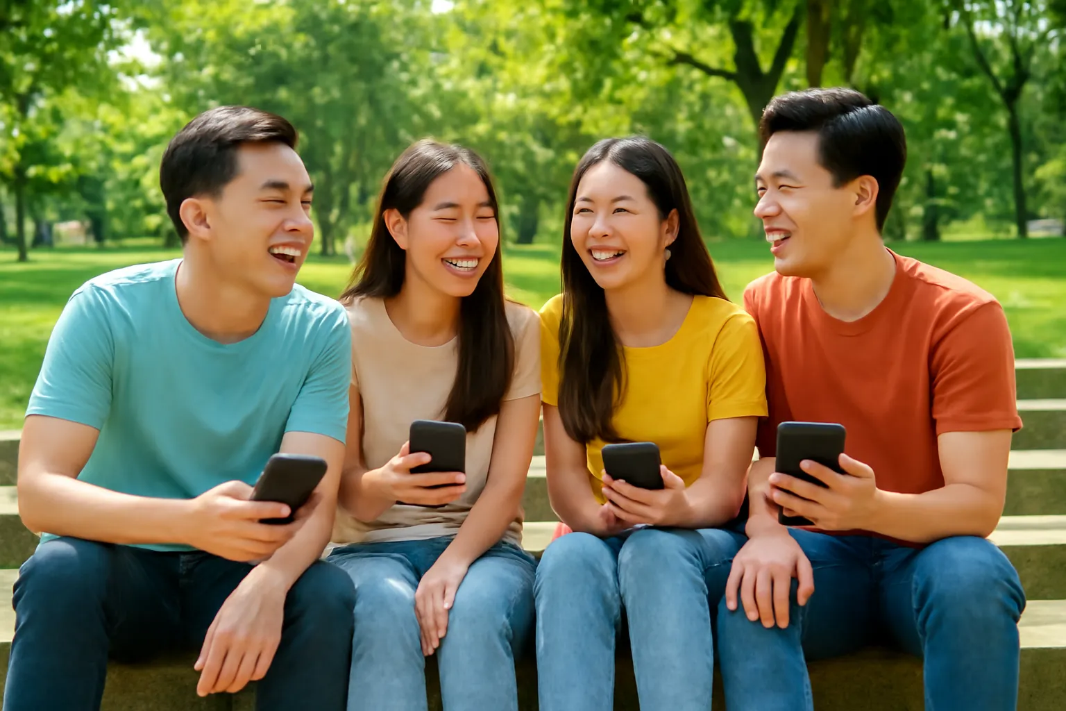 Nhóm bạn trẻ cười nói trên bậc thềm công viên, cầm điện thoại quay màn hình đi