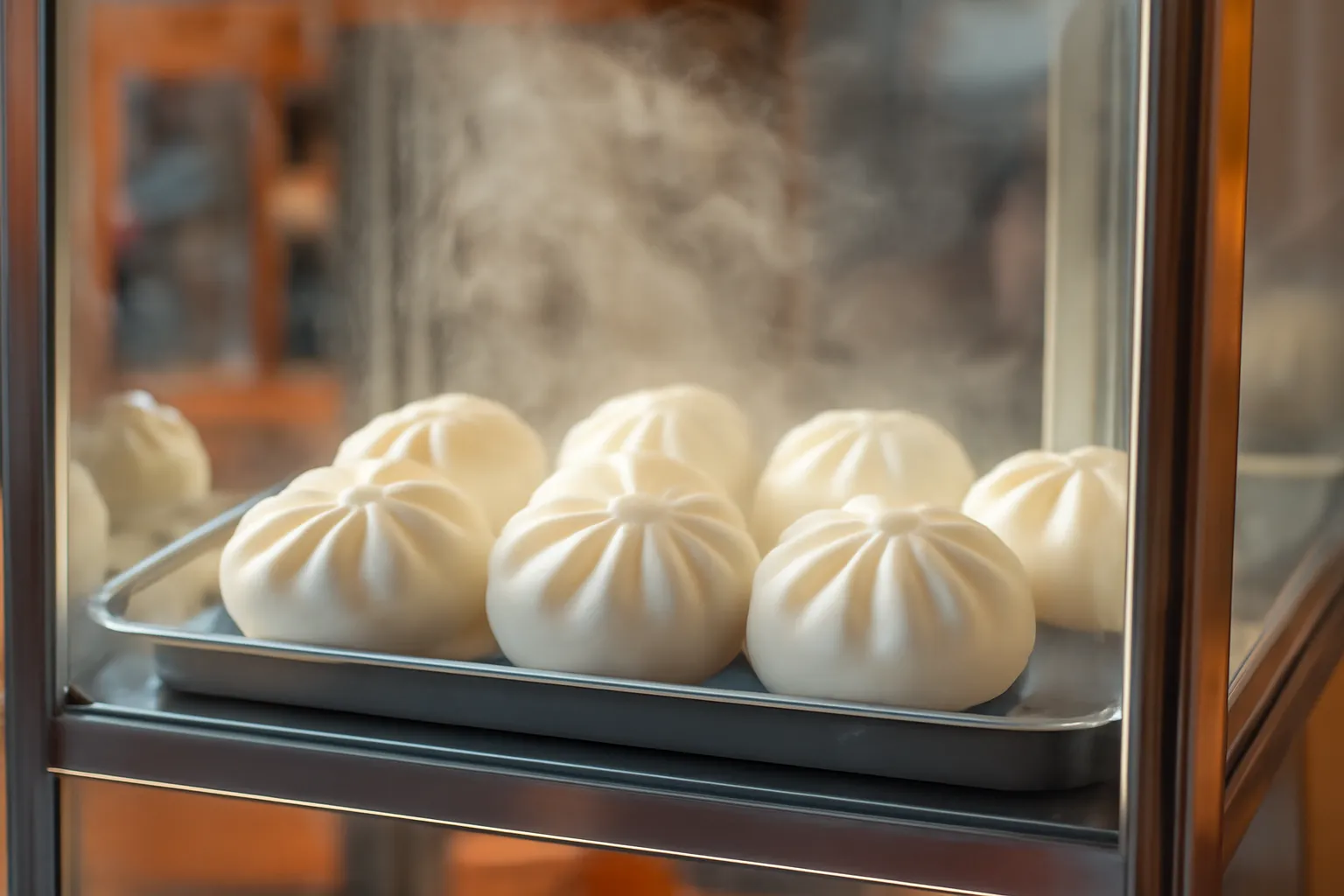 Khay bánh bao trắng bốc khói trong tủ kính quầy bán buổi sáng