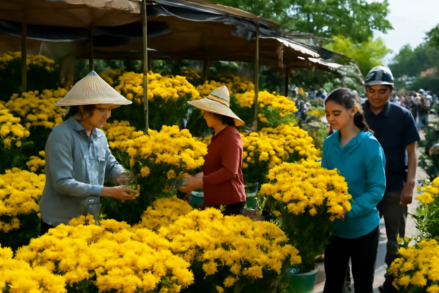 Sạp hoa ngày rằm đầy cúc vàng, người mua đông vui buổi sáng