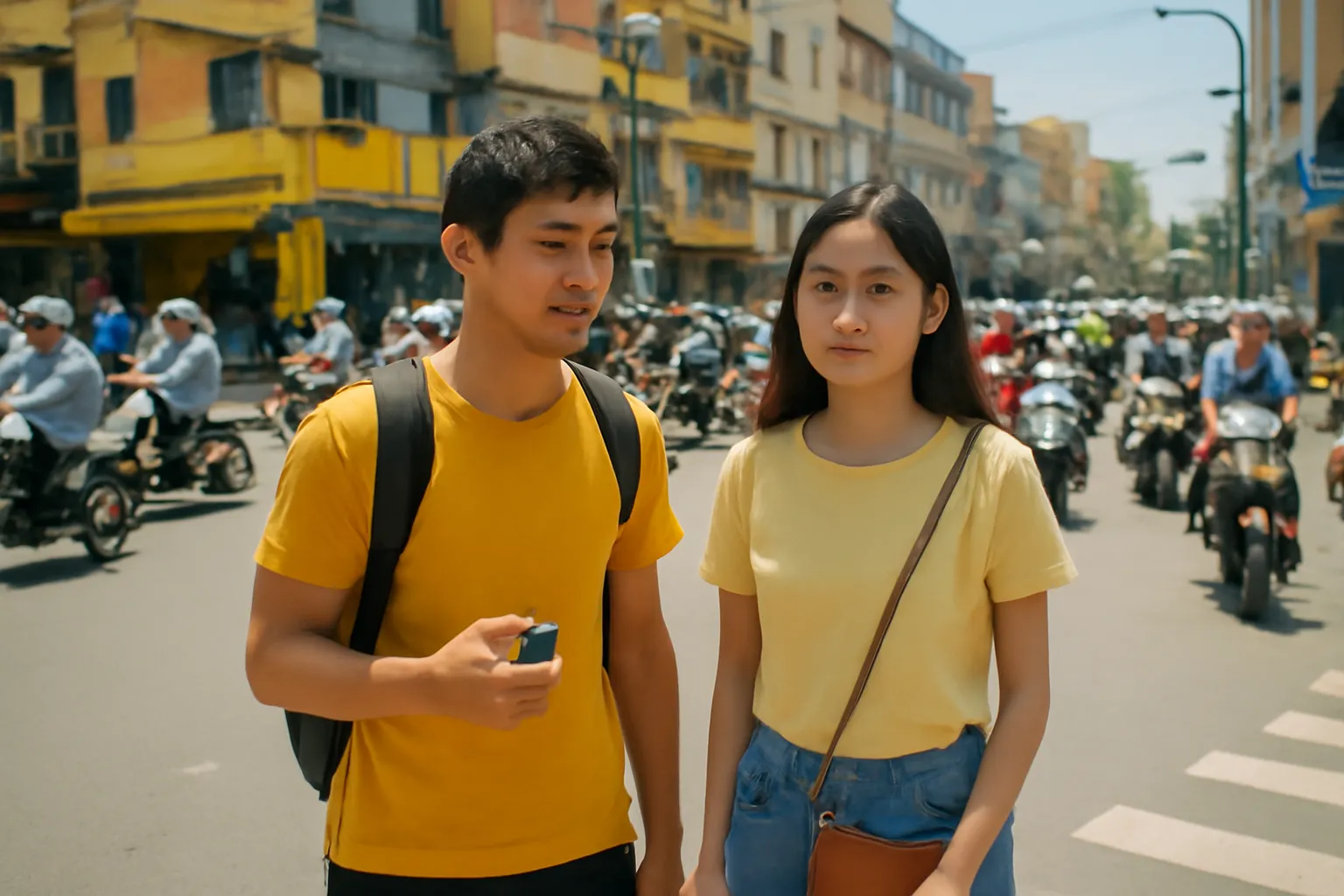 Hai người đứng góc ngã tư đông xe máy, một người bấm bộ đếm cầm tay
