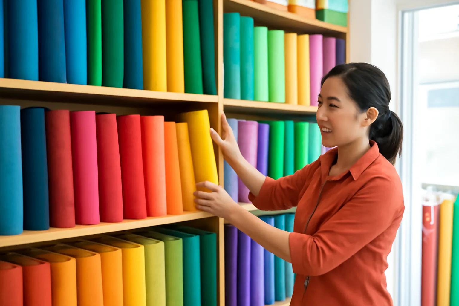 Chị chủ tiệm vải xếp cuộn vải nhiều màu theo từng nhóm trên kệ gỗ
