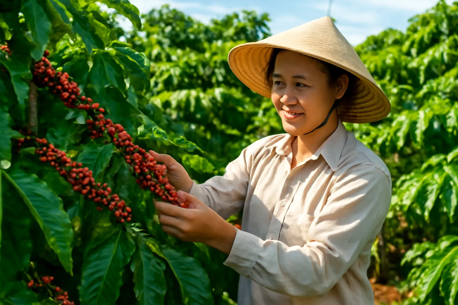 Vườn cà phê chín đỏ, người nông dân đang hái quả dưới nắng sáng