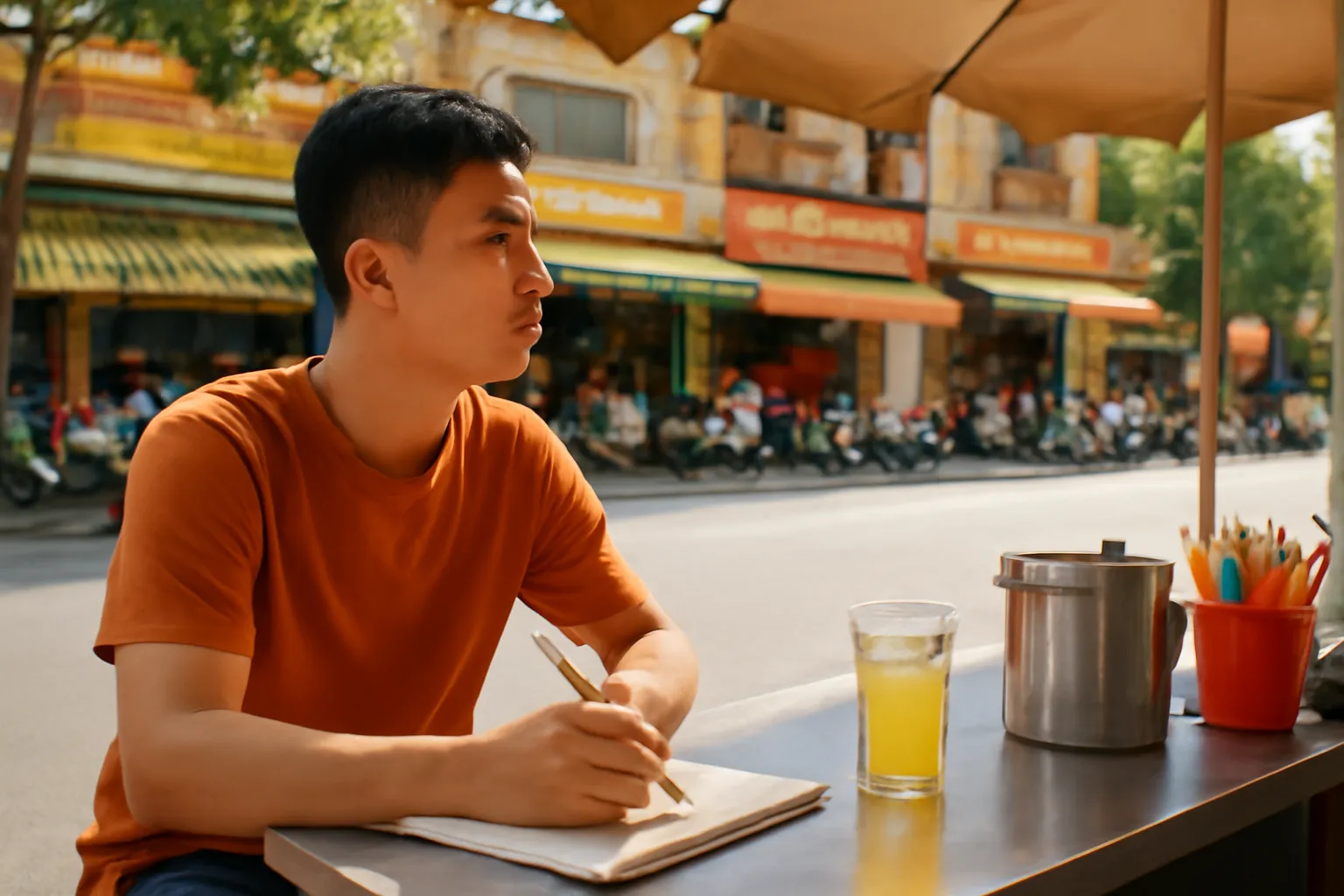 Anh trẻ ngồi quán nước bên kia đường ghi sổ, nhìn sang dãy cửa hàng