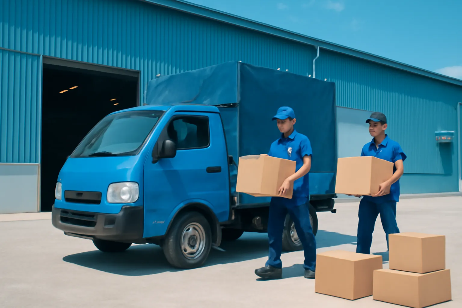 Xe tải nhỏ đang bốc thùng hàng trước cửa kho, người giao nhận khuân vác dưới nắng