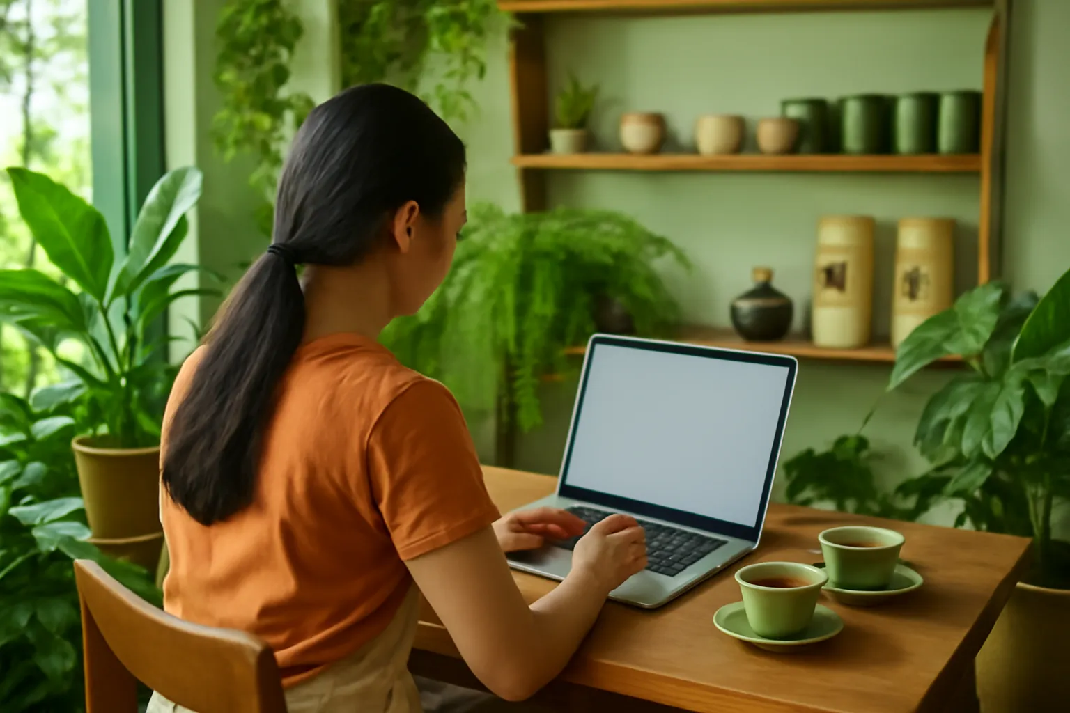 Cô chủ tiệm trà ngồi với laptop quay đi trong góc tiệm nhiều cây xanh
