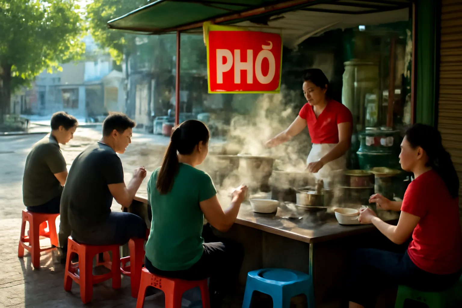 Quán phở buổi sáng đông khách ngồi ghế nhựa trên vỉa hè