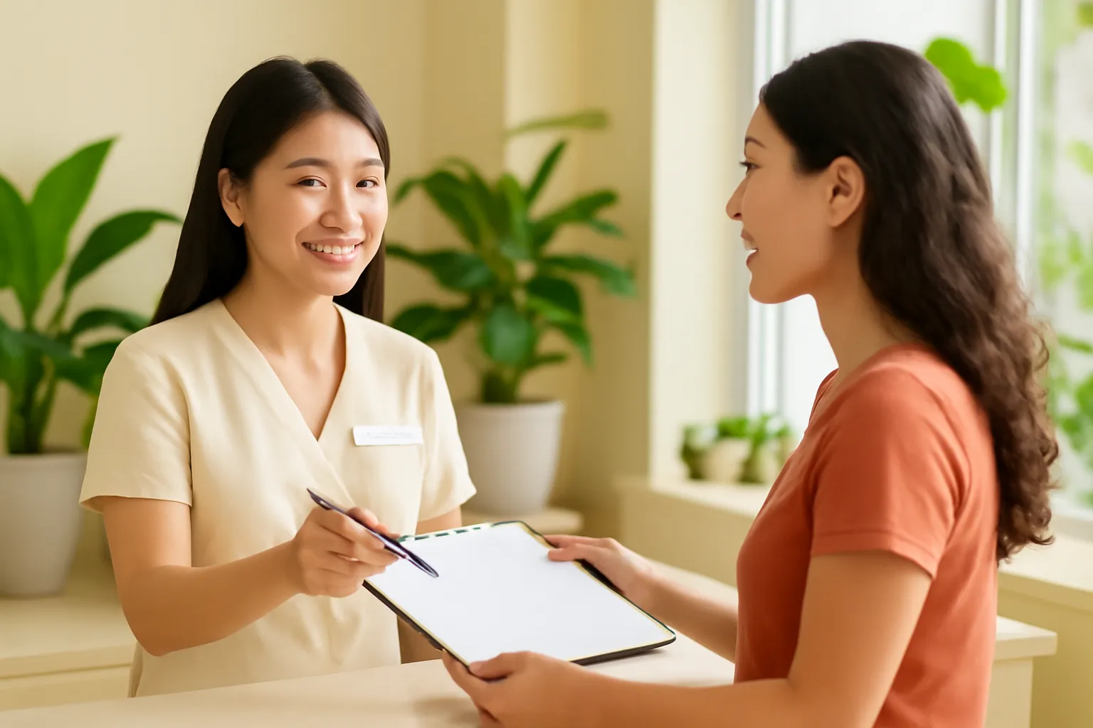 Cô nhân viên đưa tờ phiếu trống và bút cho khách ở sảnh khách sạn nhỏ