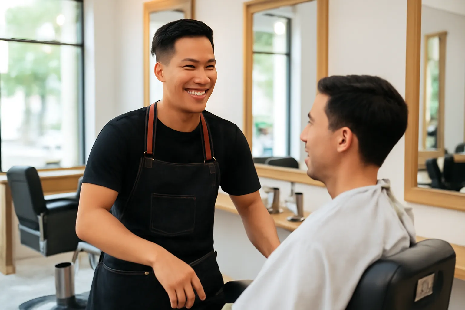 Tiệm cắt tóc sáng sủa, thợ cắt tóc trò chuyện vui vẻ với khách đang ngồi ghế