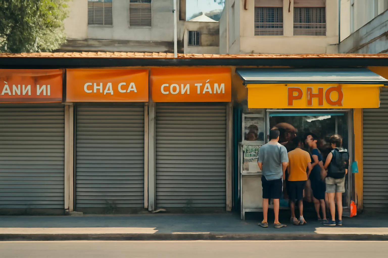 Dãy ki ốt trên phố, vài cửa cuốn đóng, một tiệm sáng đèn đông khách