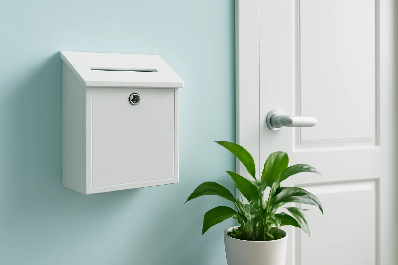 Hộp góp ý bằng gỗ trắng treo trên tường cạnh cửa phòng khám sáng sủa