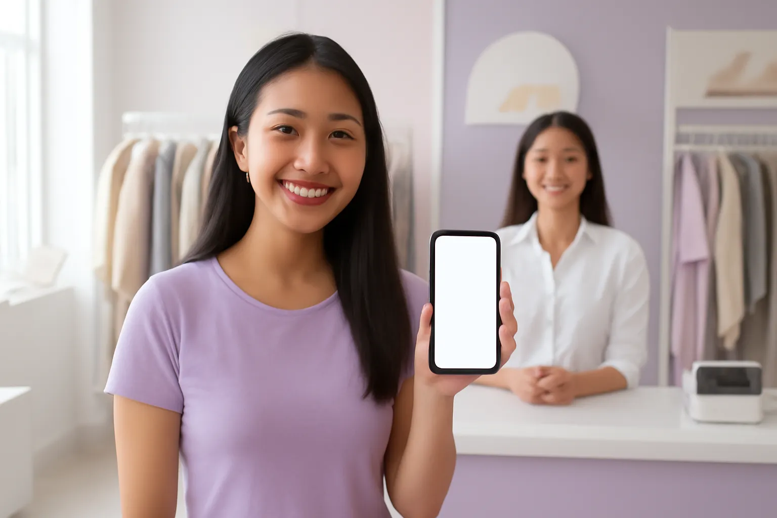 Khách nữ quét mã bằng điện thoại ở quầy cửa hàng thời trang sáng sủa