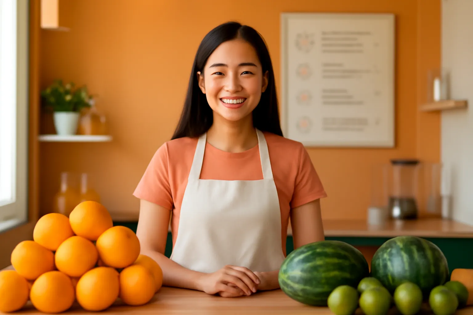 Cô chủ quán nước ép đứng sau quầy đầy trái cây tươi buổi sáng