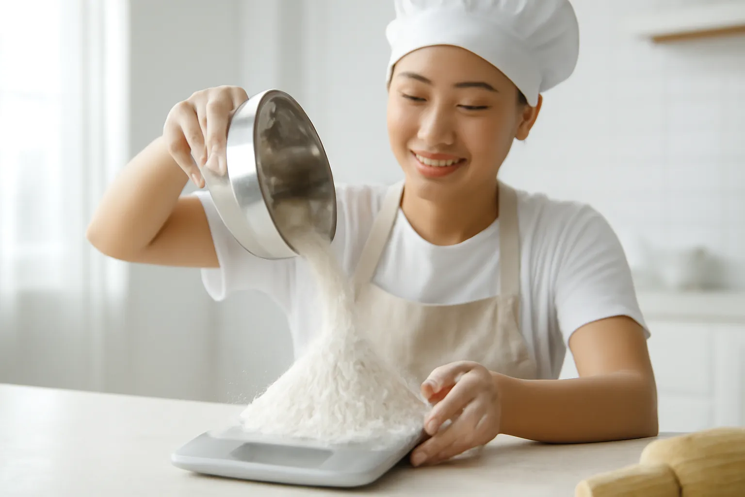 Cận tay thợ bánh cân bột trên cân điện tử trong bếp bánh sáng trắng