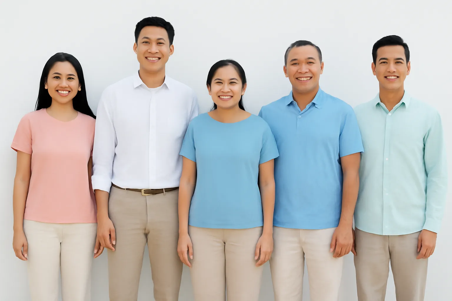 Hàng người đứng xếp hàng cao thấp khác nhau trước bức tường trắng sáng