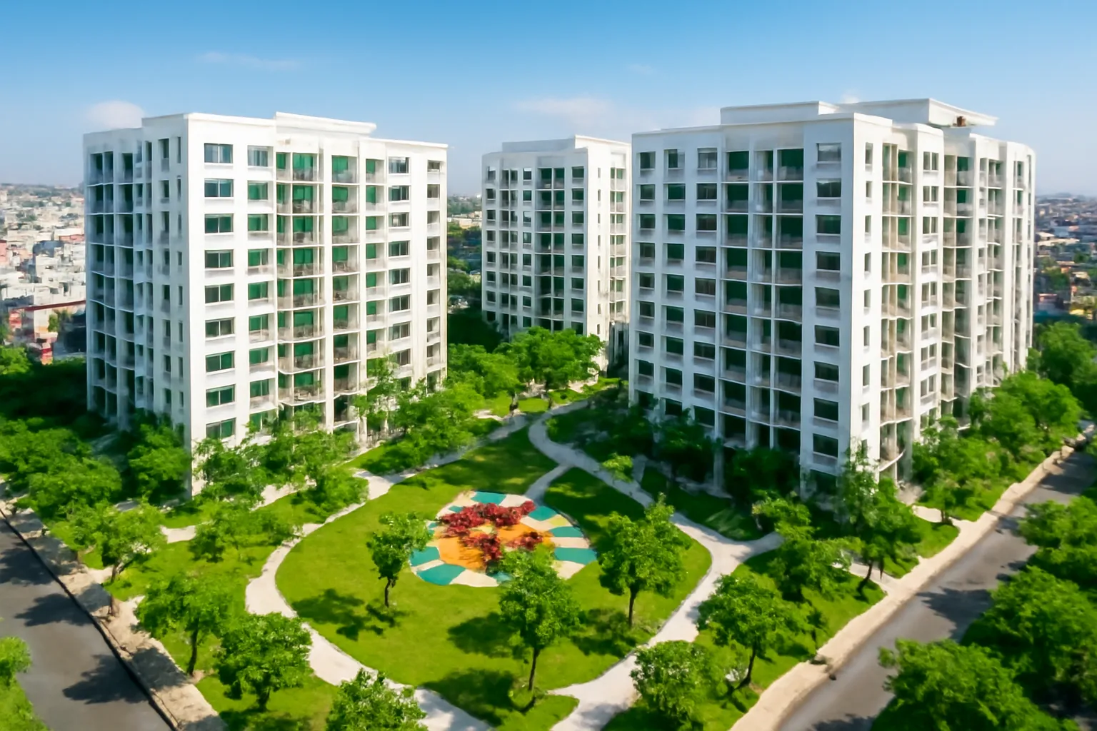 Khu chung cư mới nhìn từ trên cao, sân chơi và cây xanh buổi sáng